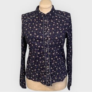 Free People Western Long Sleeve Button Down Blouse Size L Blue Floral Pattern